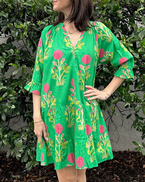 THML Green Short Sleeve Flower Print Dress