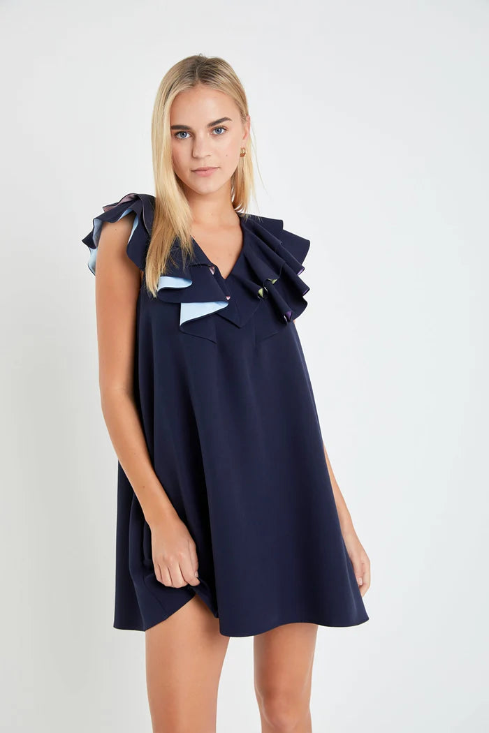 English Factory Navy Multi Contrast Mini Dress