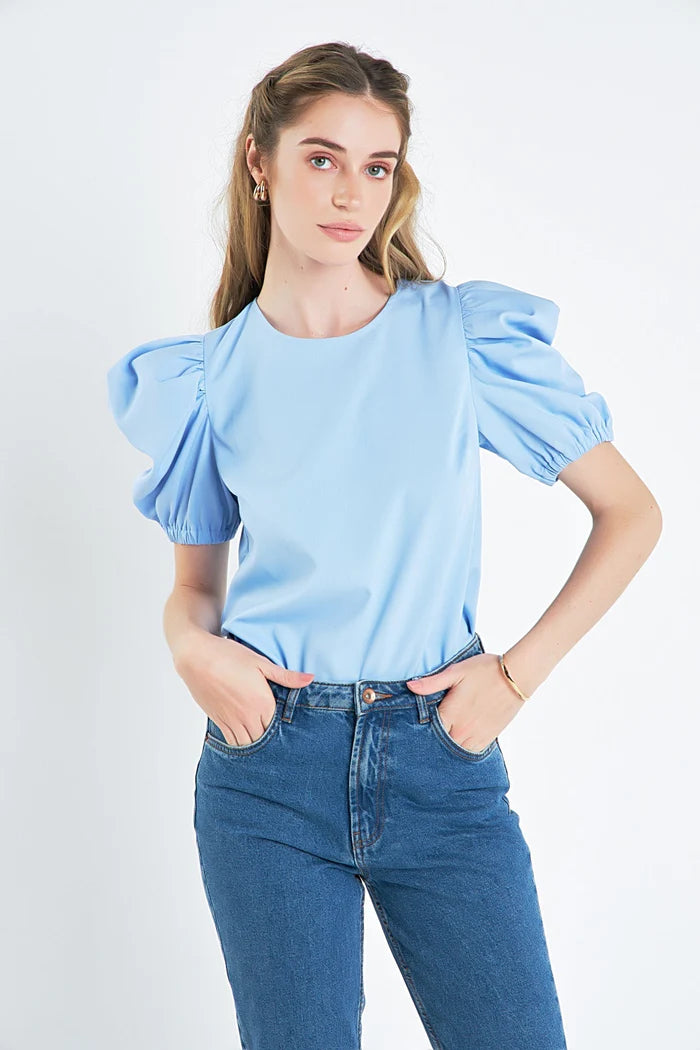 English Factory Blue pleated Puff Sleeve Top