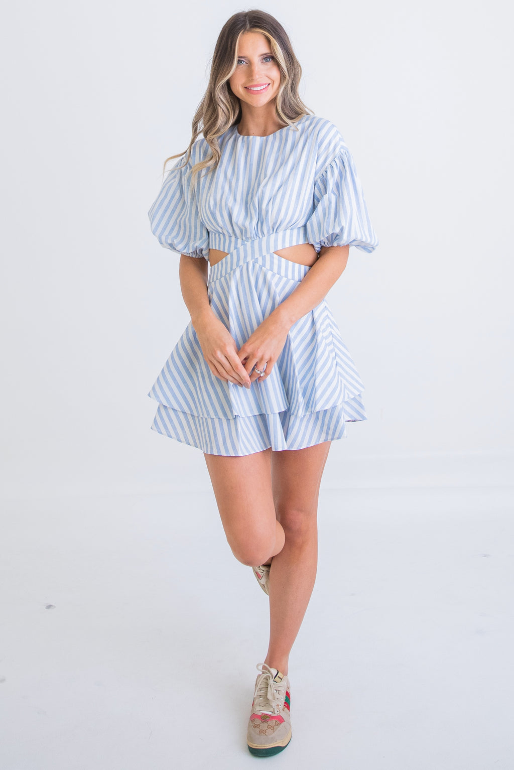 Karlie Blue Stripe Poplin Cut Out Mini Dress