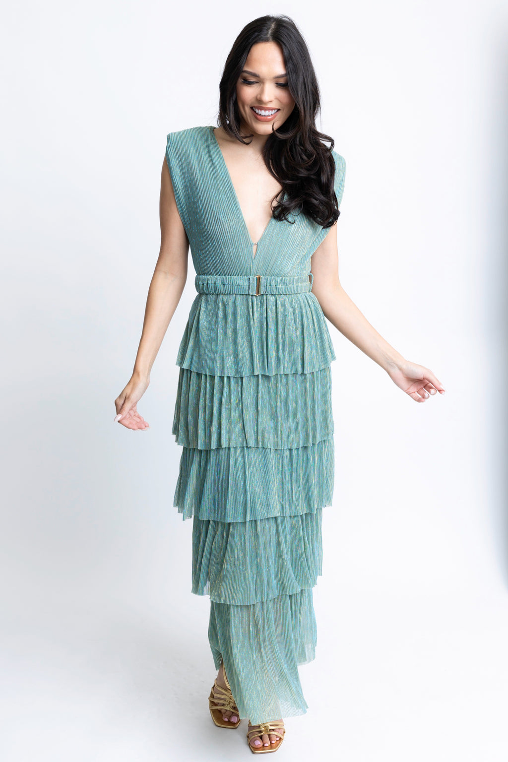 Karlie Green Metallic Double V-Neck Tiered Maxi