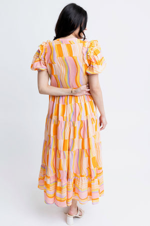 Karlie Orange Multi Stripe Puff Sleeve Tier Dress