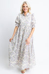 Karlie Boho Floral Puff Sleeve Crochet Trim Maxi Dress