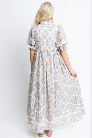 Karlie Boho Floral Puff Sleeve Crochet Trim Maxi Dress