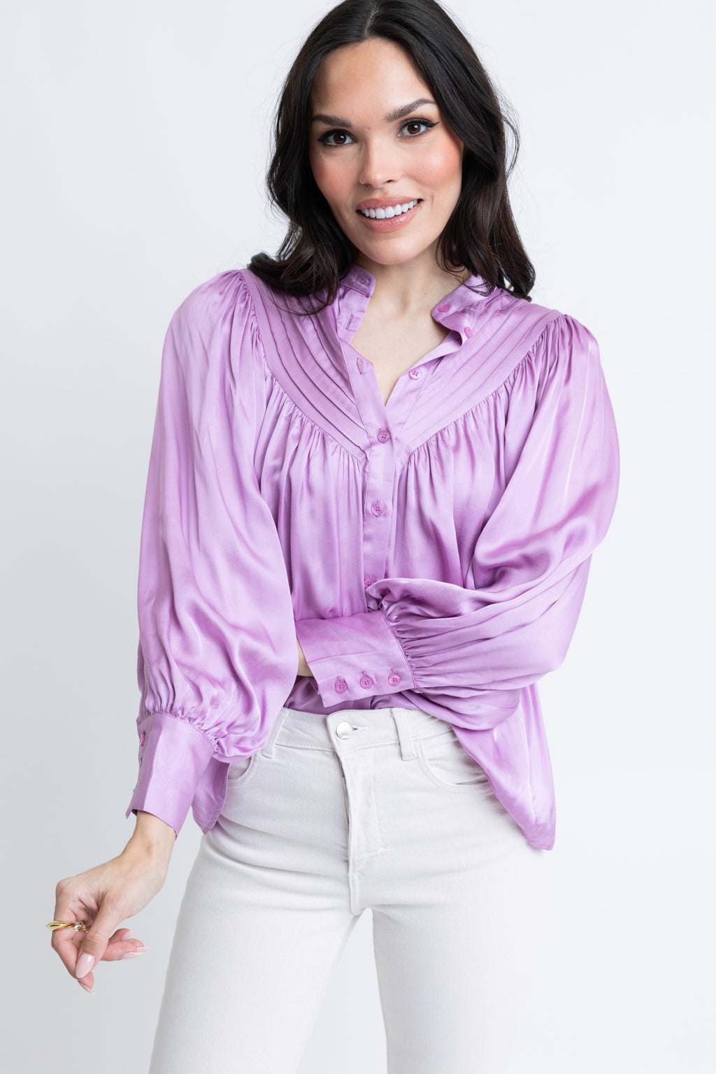 Karlie Satin Purple Pleat Button Up Top