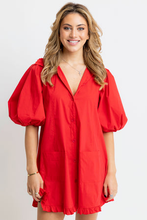 Karlie Red Poplin Ruffle Pocket Dress