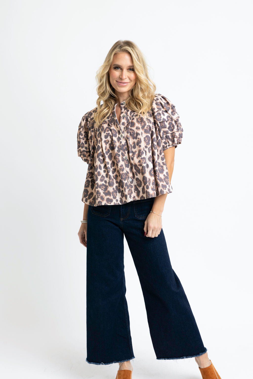 Karlie: Leopard Denim Pleat Sleeve Top