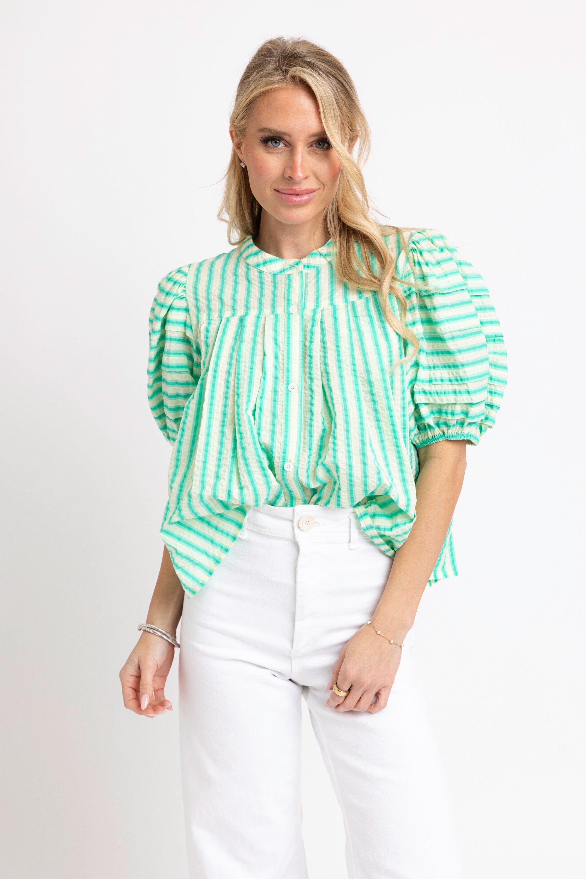 Karlie | Green Seersucker Stripe Sleeve Top