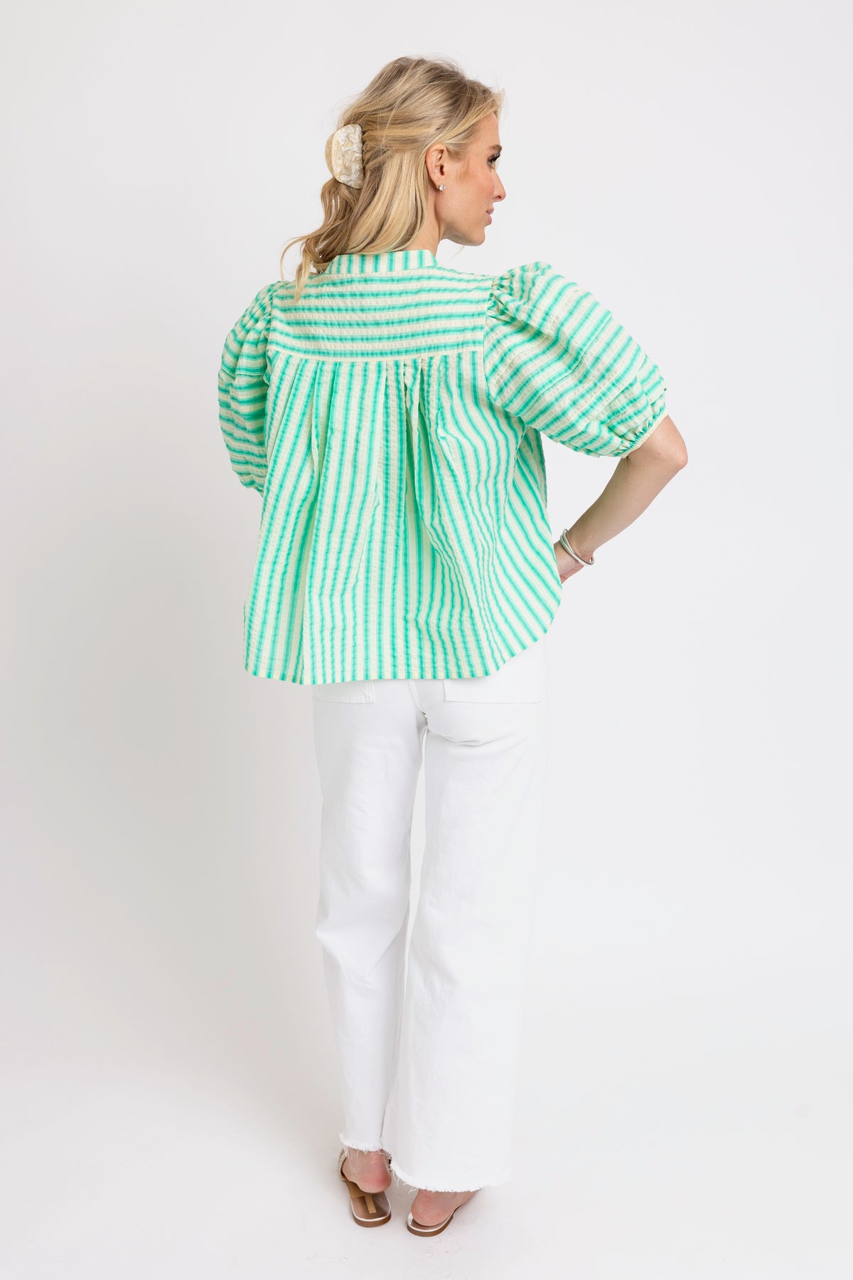 Karlie | Green Seersucker Stripe Sleeve Top