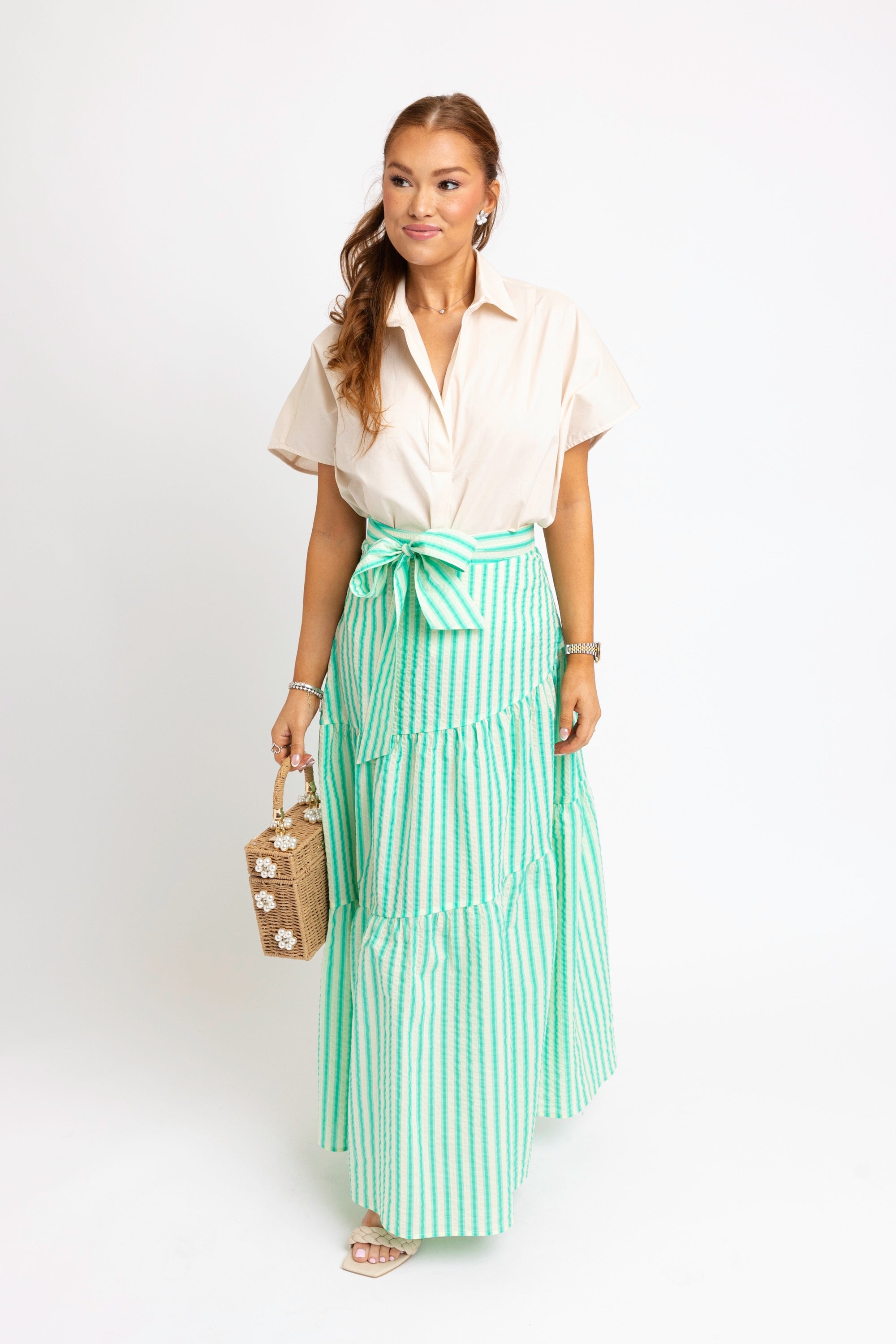 Karlie | Green Seersucker Maxi Skirt