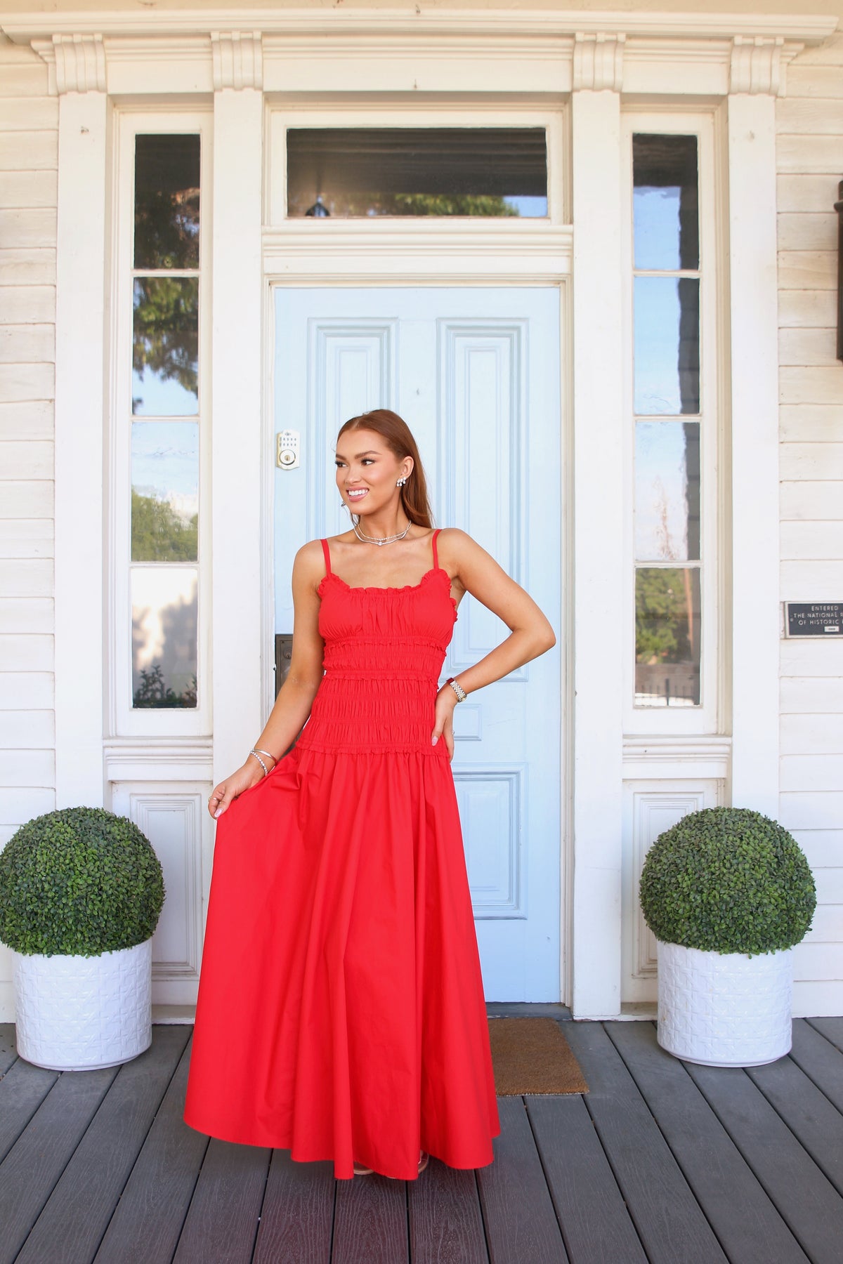 Karlie | Red Smocked Cami Maxi Dress