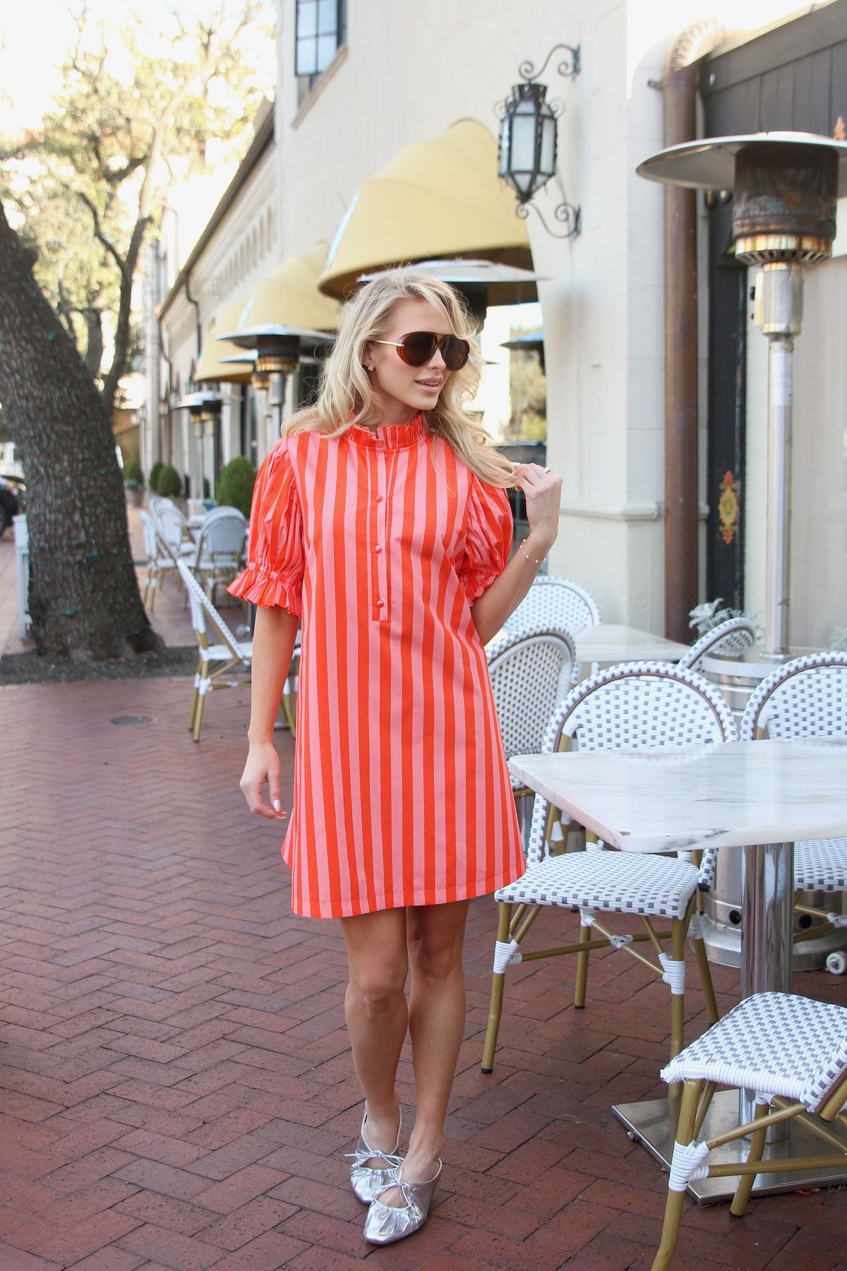 Karlie Stripe Button Tie Back Pleat Dress