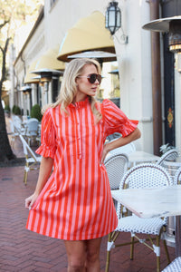 Karlie Stripe Button Tie Back Pleat Dress