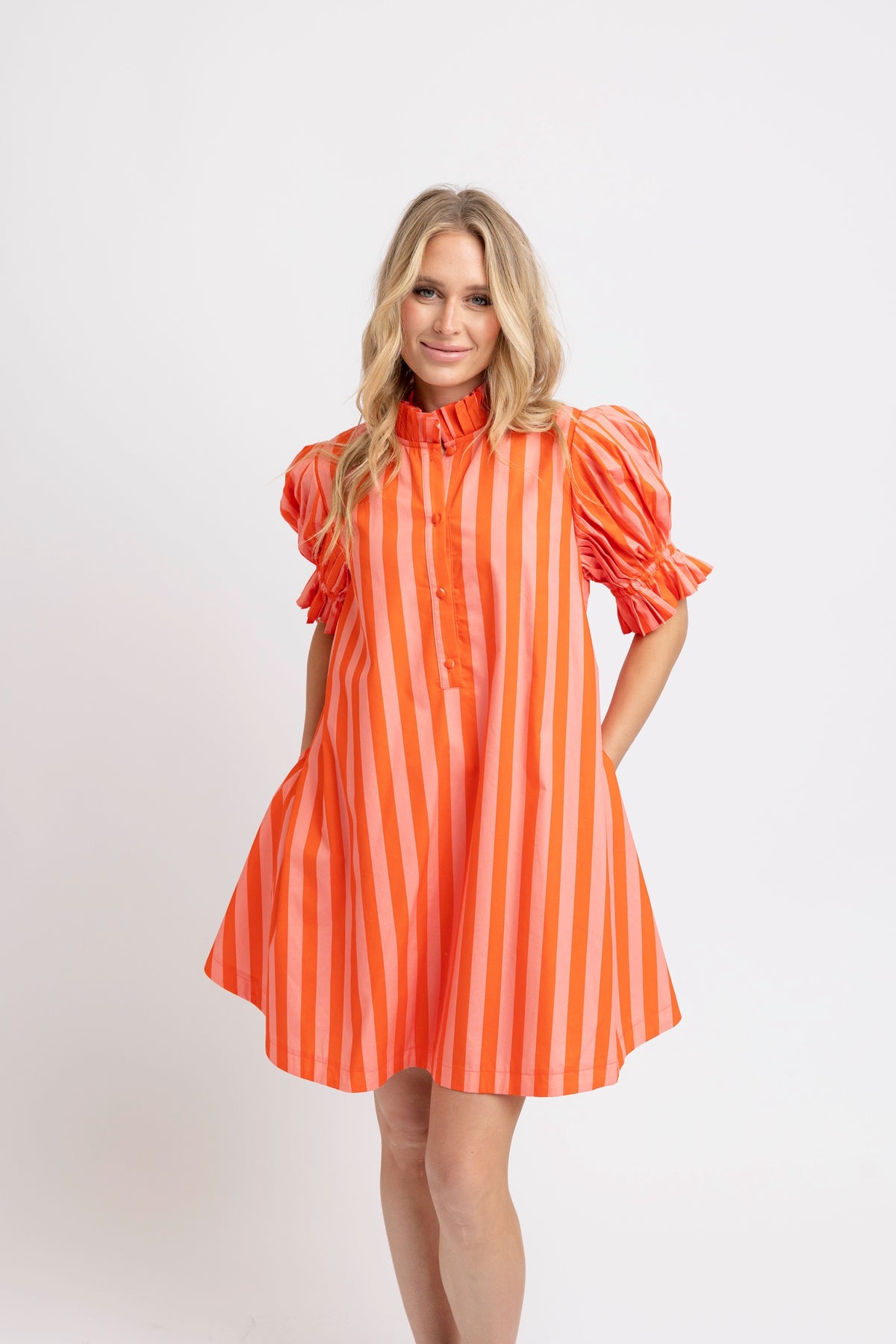 Karlie Stripe Button Tie Back Pleat Dress