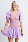 Karlie Lavender Stitch Smock Front Ruffle Mini Dress