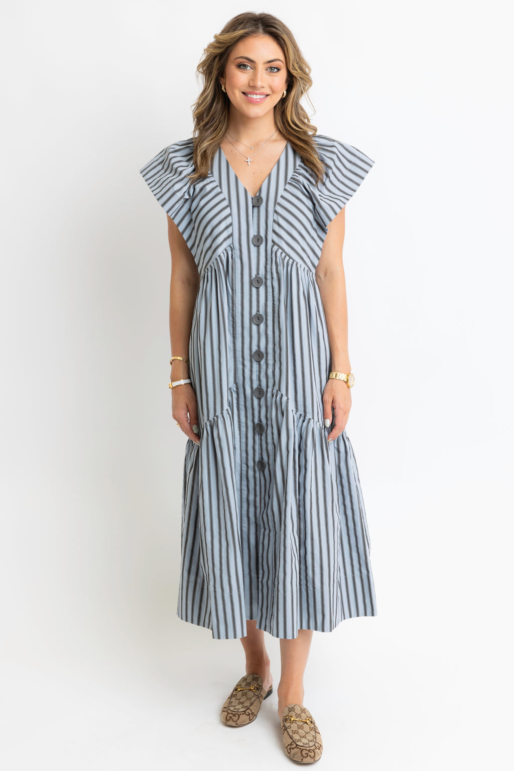 Karlie Blue Stripe Button Down Maxi Dress