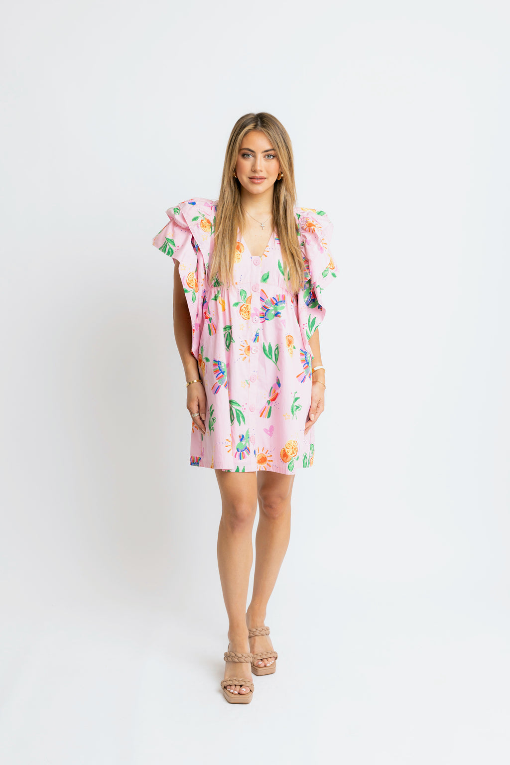 Karlie Toucan Ruffle V-Neck Fruit Dress