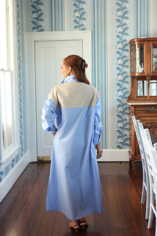 Karlie | Blue Stripe Hailey Maxi Shirt Dress w/ Sweater