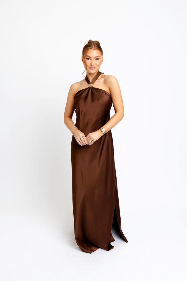 Karlie | Brown Solid Satin Halter Maxi Dress