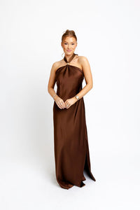 Karlie | Brown Solid Satin Halter Maxi Dress