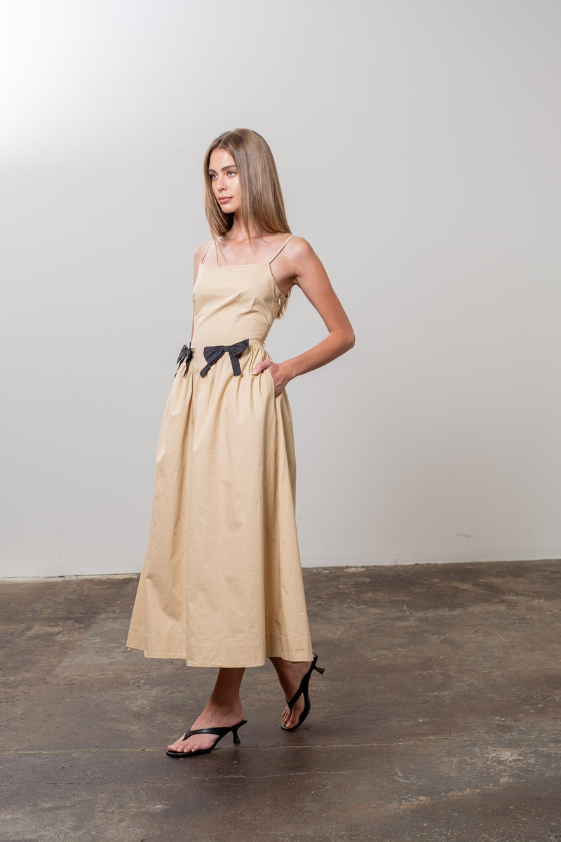 Moon River Khaki Midi w/ Waist Bows