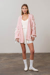 Pink Puff Sleeve Satin Ribbon Cardigan (1 XS)