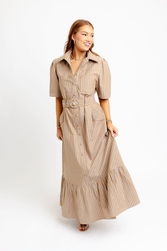 Karlie | Mocha Menswear Stripe Maxi Dress