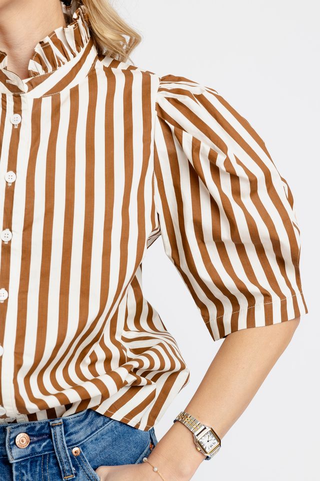 Karlie | Brown Stripe Ruffle Neck Buttondown