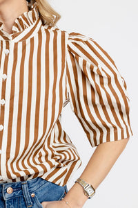 Karlie | Brown Stripe Ruffle Neck Buttondown