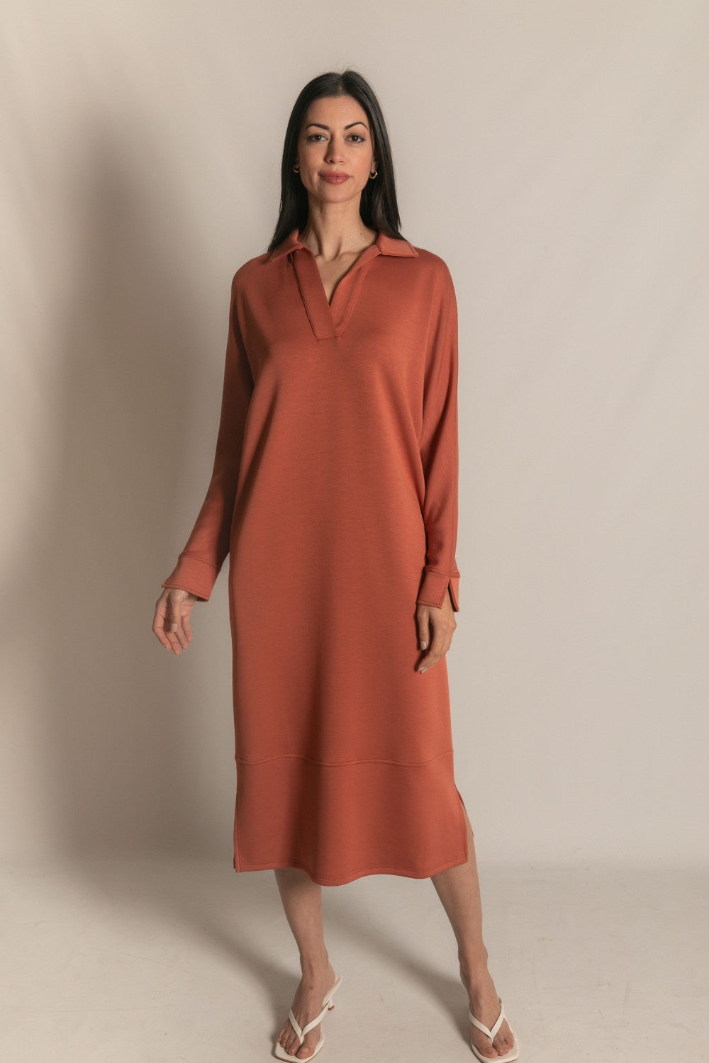 Buttery Soft Collared Long Sleeve Midi Dress in Rose (1 XS)