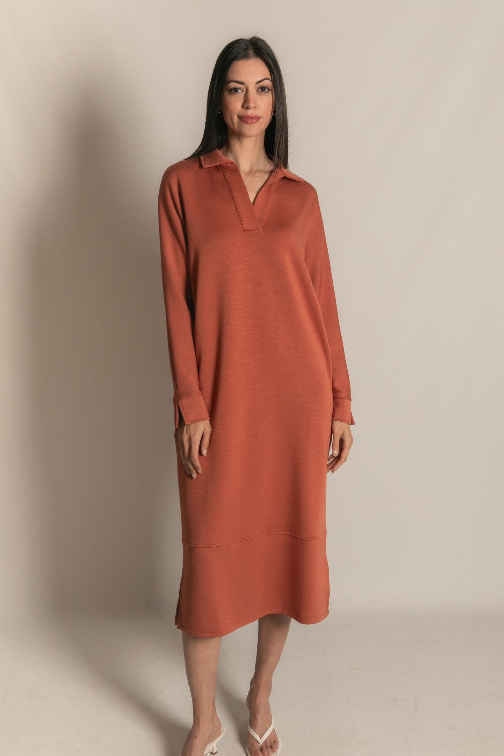 Buttery Soft Collared Long Sleeve Midi Dress in Rose (1 XS)