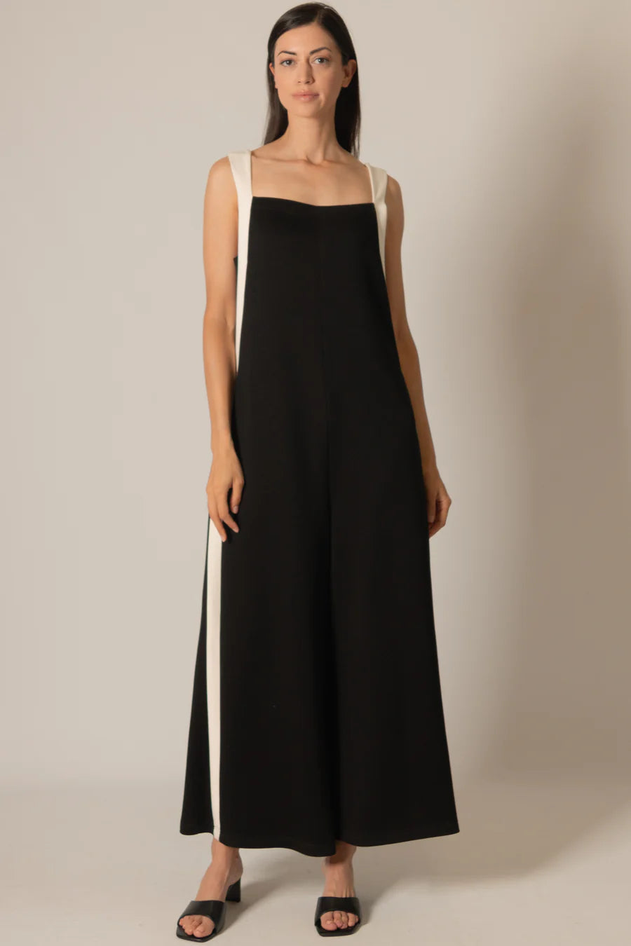 Black and Ivory Contrast Side Butter Material Jumpsuit