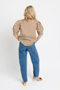 Karlie | Brown Stripe Ruffle Neck Buttondown