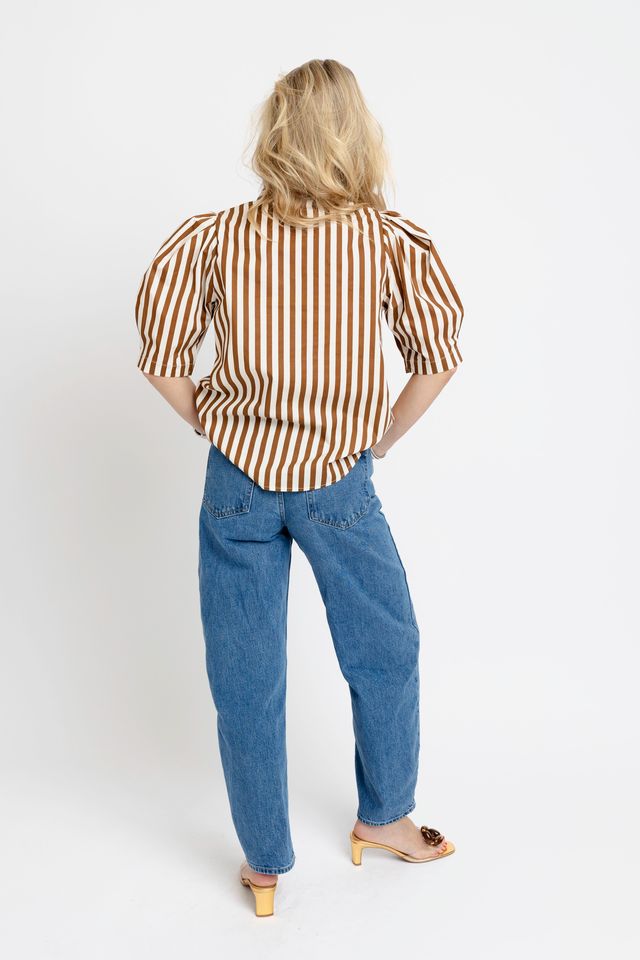 Karlie | Brown Stripe Ruffle Neck Buttondown