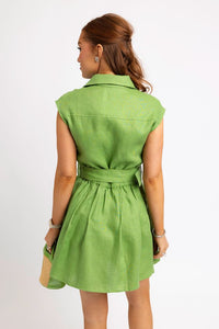 Karlie | Green Solid Linen Button Shirt Dress w/ Belt