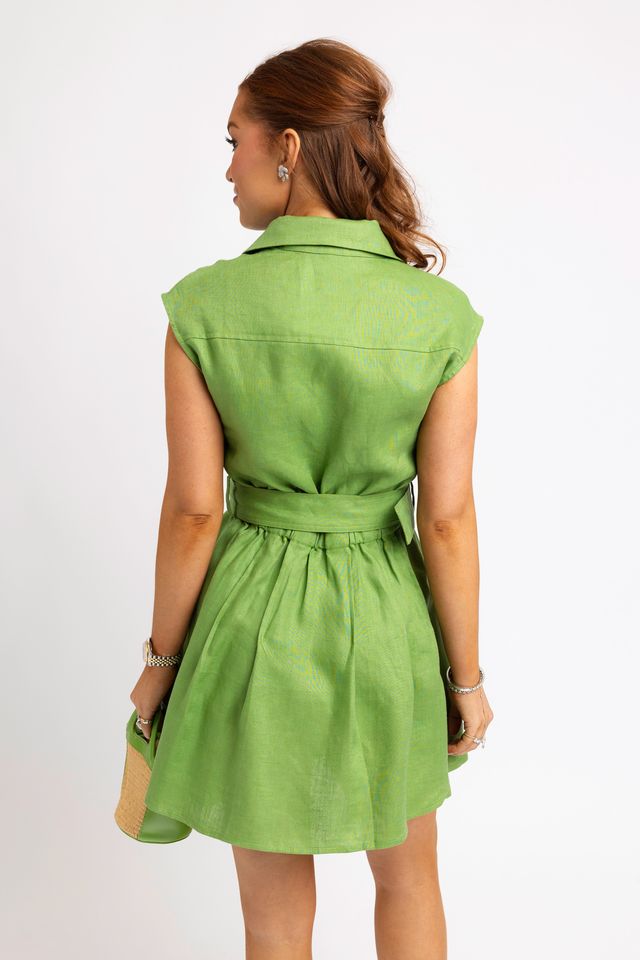 Karlie | Green Solid Linen Button Shirt Dress w/ Belt