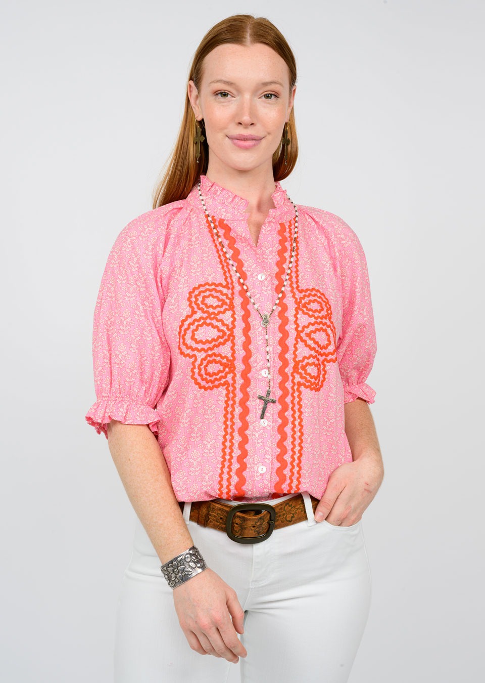 Sister Mary Rosalinda Crochet Trim Puff Sleeve Top