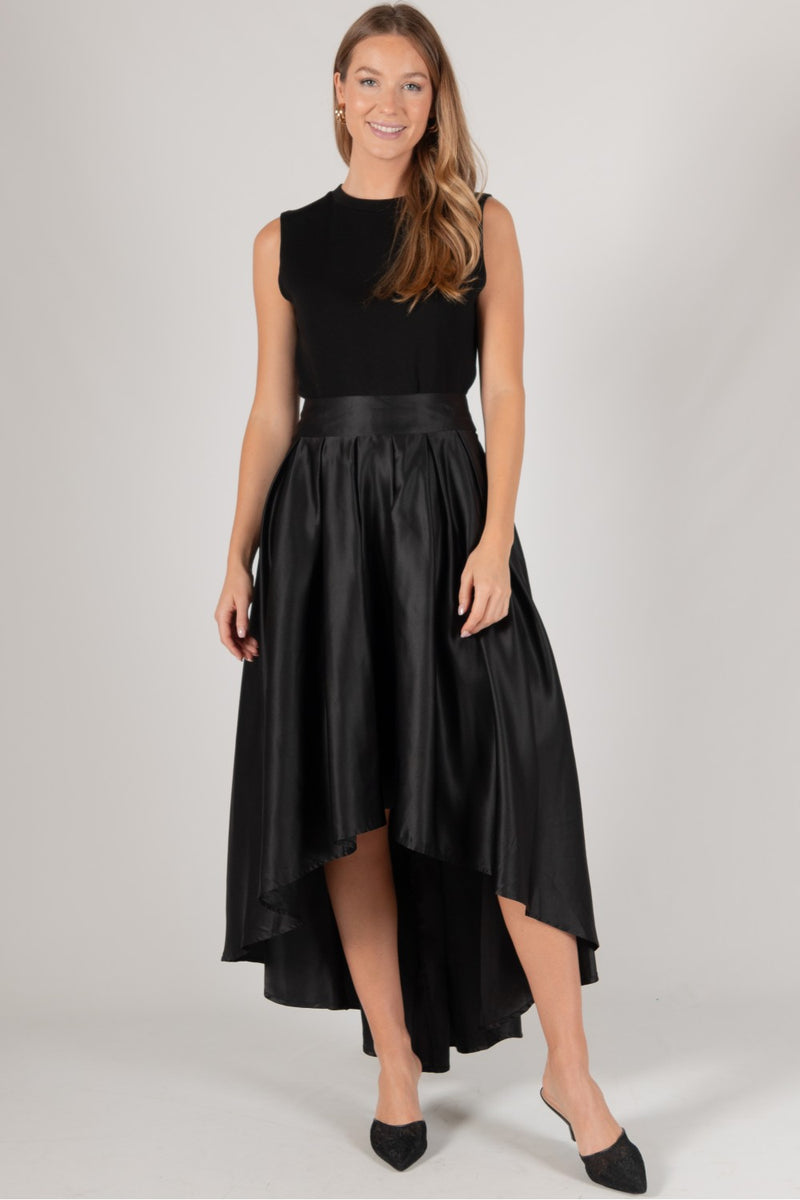 Black Satin Hi-Low Skirt with Taffeta Lining