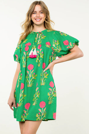 THML Green Puff Sleeve Floral Dress (1 LARGE)