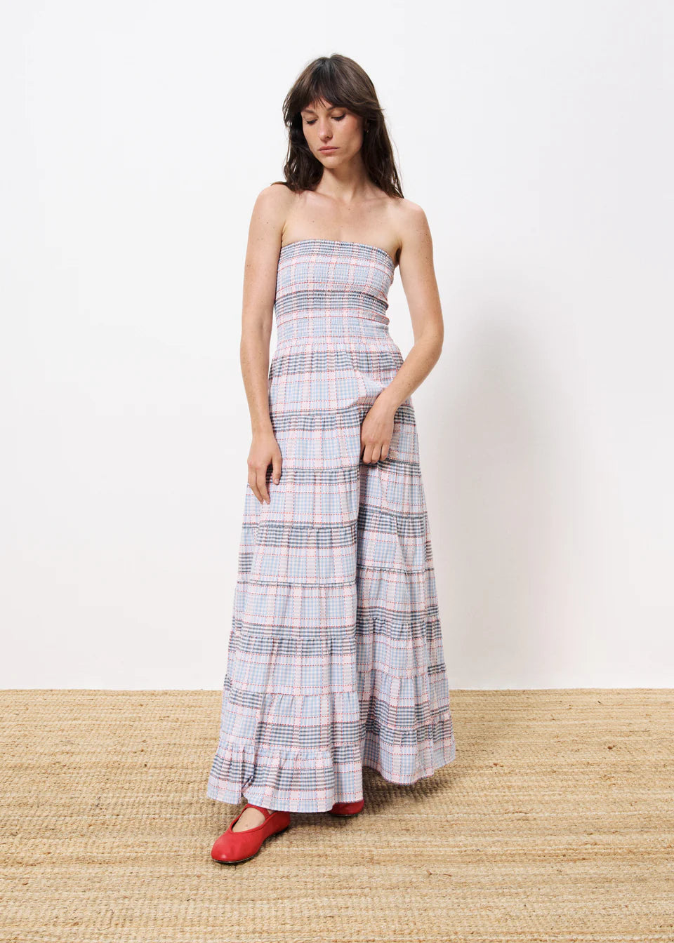 FRNCH Dalel Blue Plaid Strapless Maxi