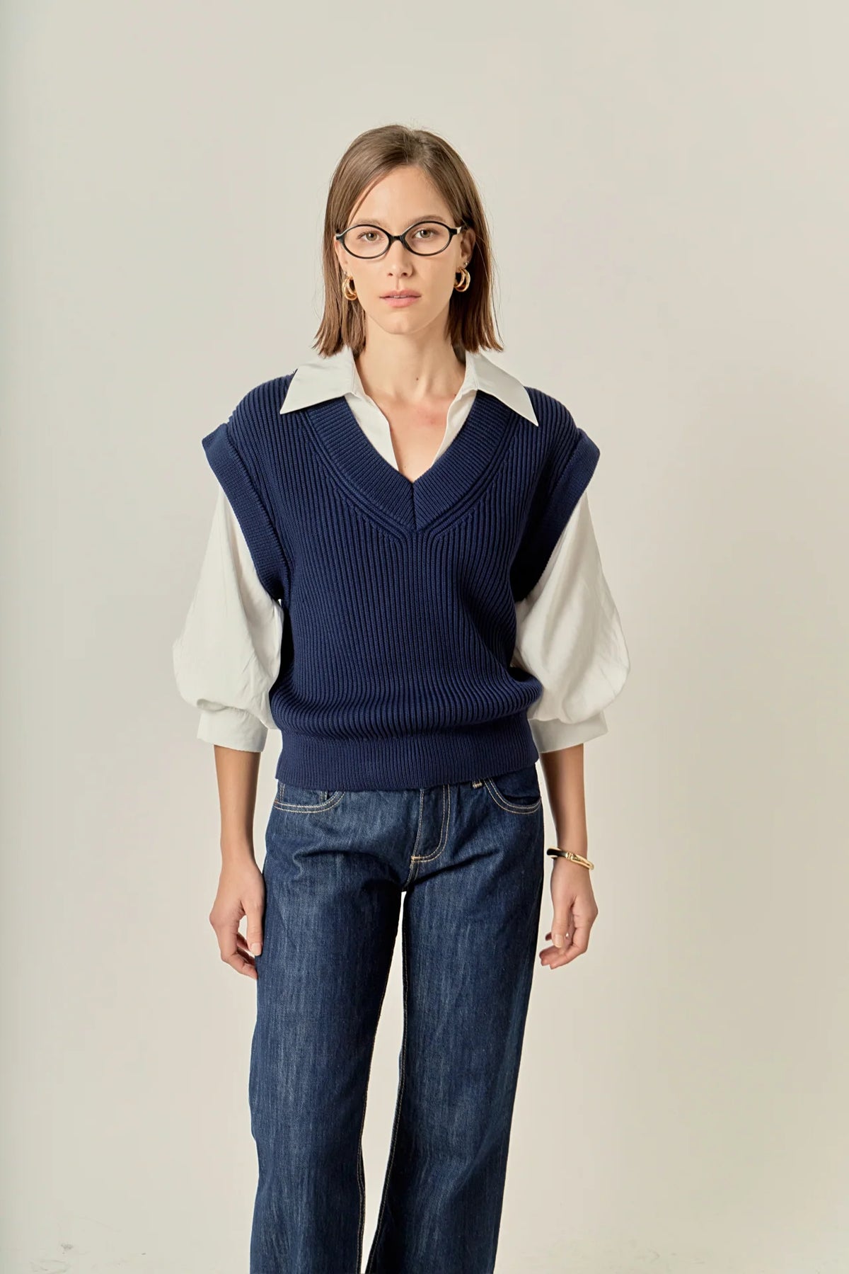 English Factory | Navy Mixed Media Top