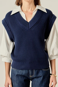 English Factory | Navy Mixed Media Top