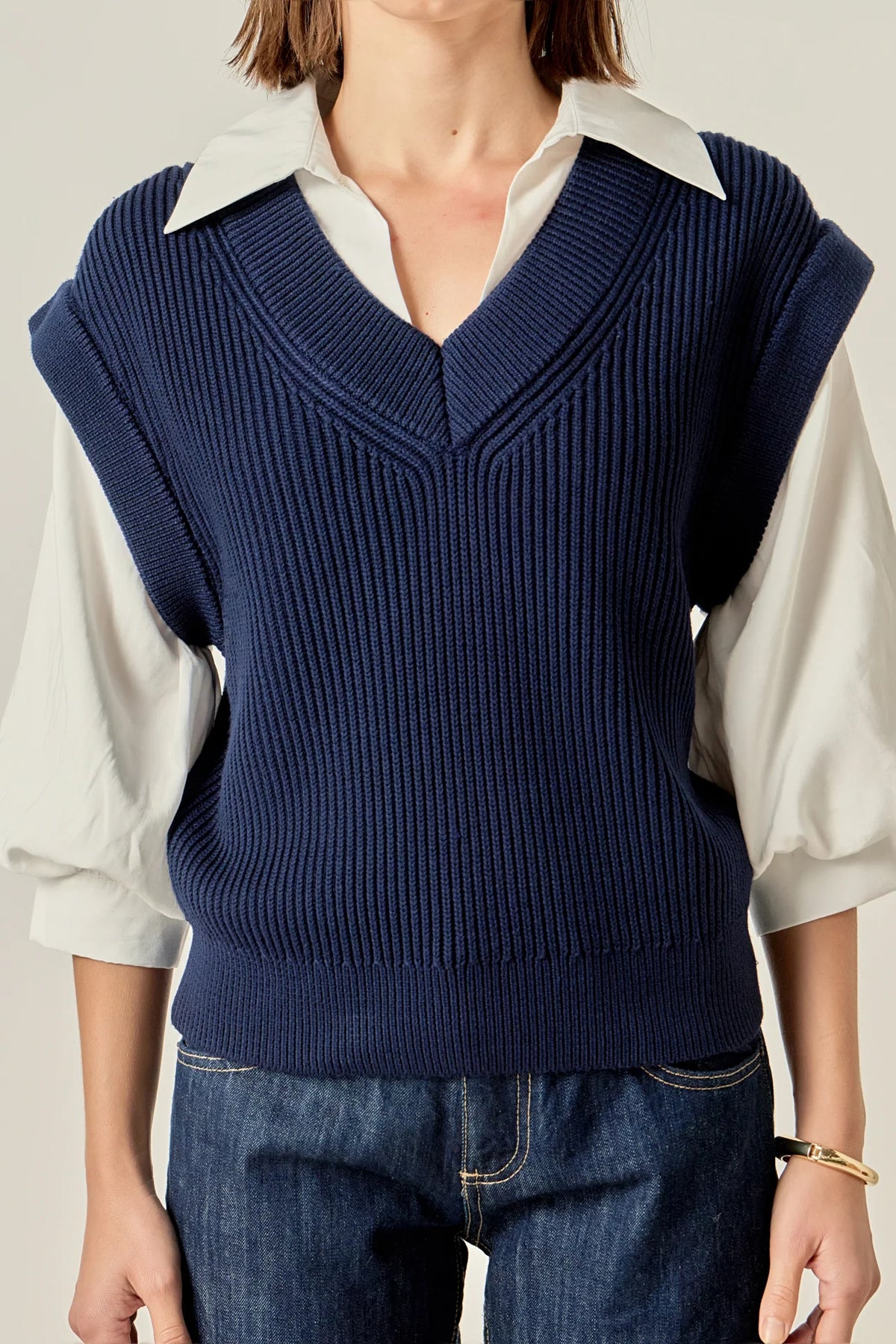 English Factory | Navy Mixed Media Top