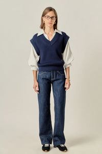 English Factory | Navy Mixed Media Top