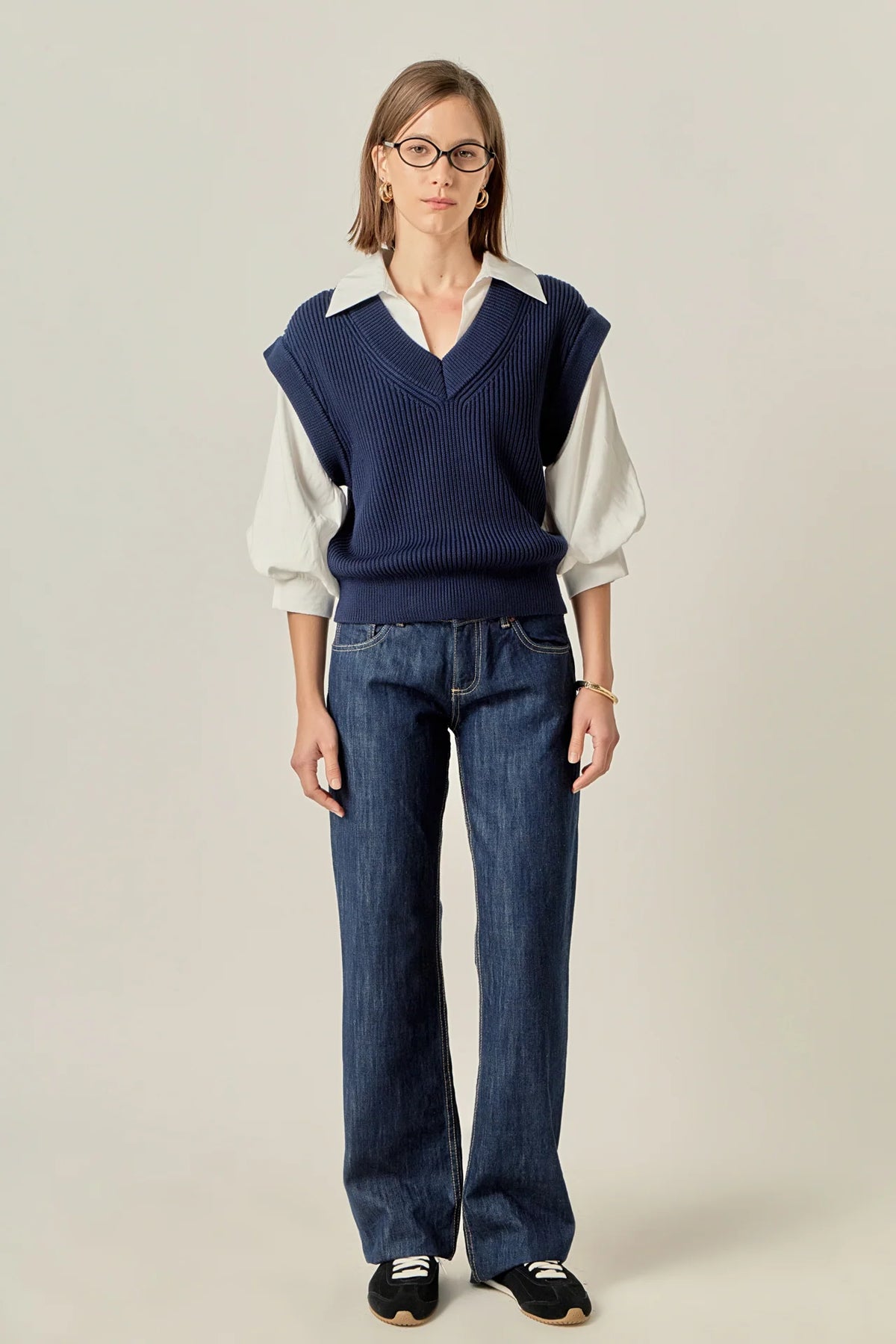 English Factory | Navy Mixed Media Top