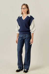 English Factory | Navy Mixed Media Top