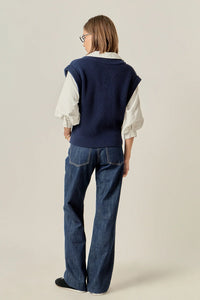 English Factory | Navy Mixed Media Top