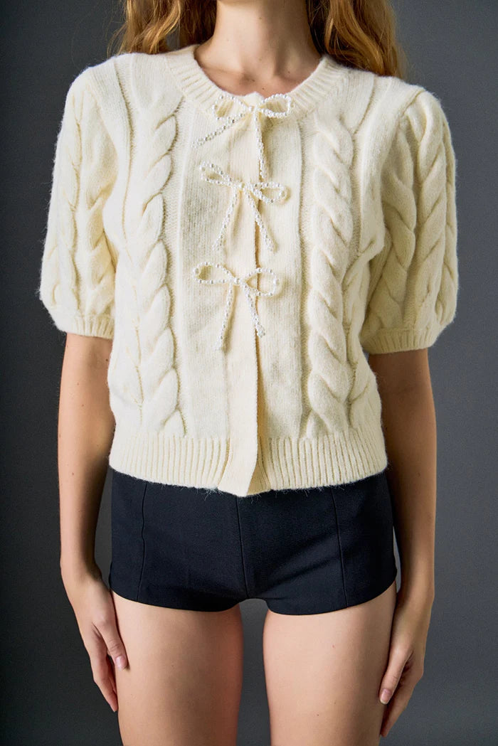 English Factory Cream Pearl Bow Cable Knit Cardigan Sweater