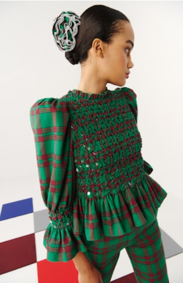 Celia B Leyland Green Plaid Sequin Peplum Top