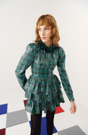 Celia B Noyer Green PLaid Sequin Ruffle Neck Mini Dress